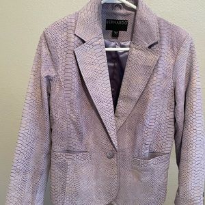 Short Genuine Leather Jacket purple w/gold splashes. Snake skin pattern. Lined.